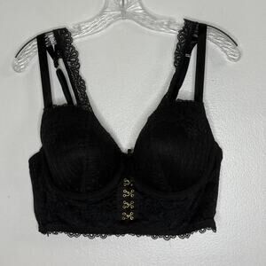 Cacique Bra Corset Style 38D Black Lace Lightly Lined Balconette Padded Sexy